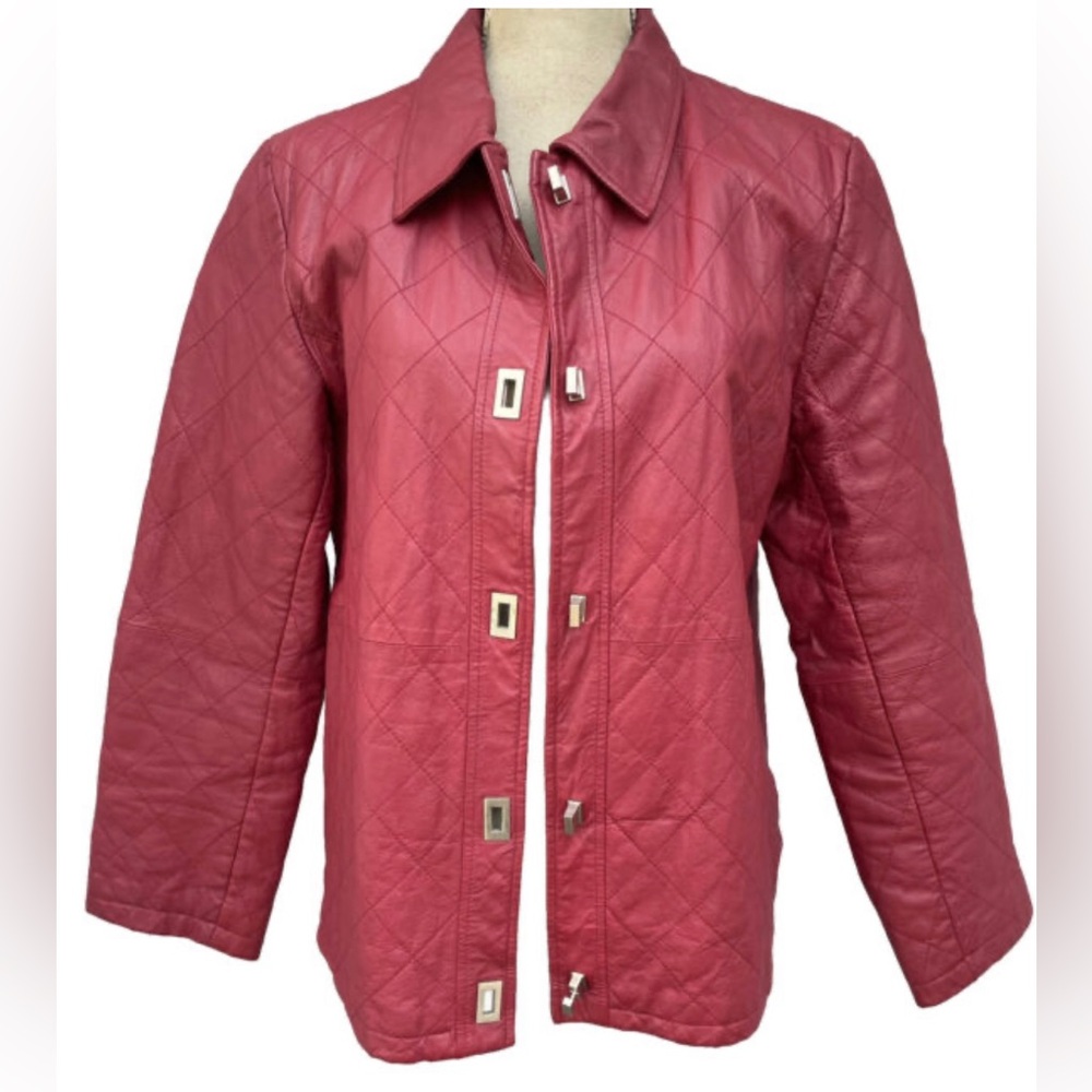 Leather Brick Red Quilted Jacket By Dialogue Fall Staple Lined Metal Clasps 2X